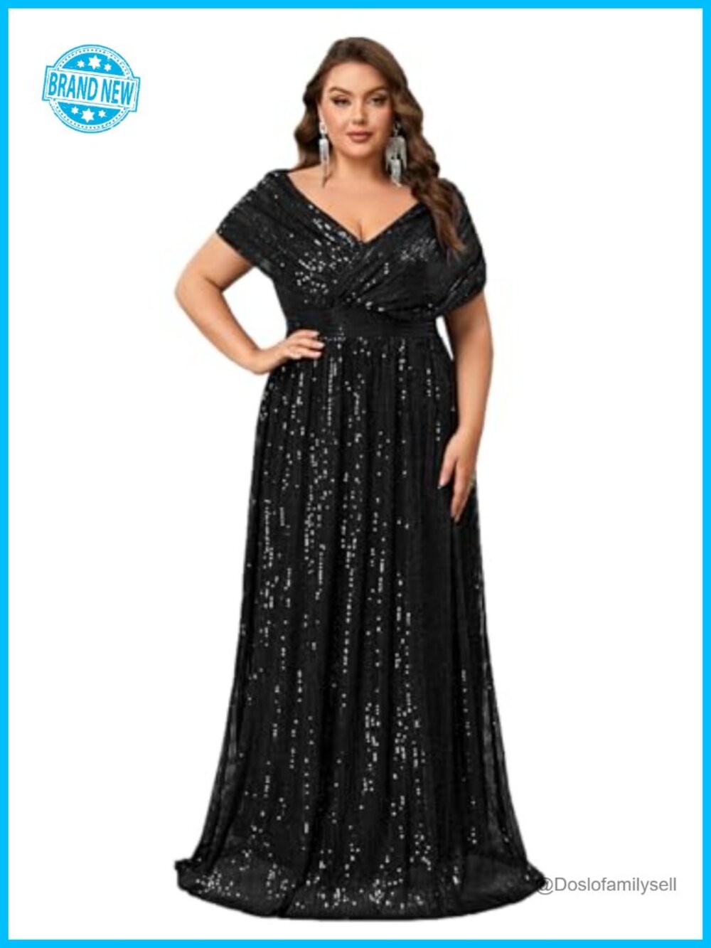 Plus Size V Neck Sequin A-Line Maxi Prom Dress Formal Evening Gown